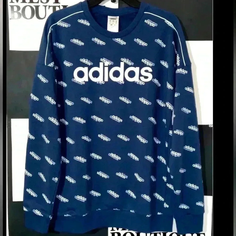 Adidas Sweatshirt Adult  Blue All Over Print Spellout Sweatshirt medium size
